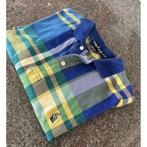 VINTAGE Nautica Shirt Mens Medium Blue Green Yellow Tartan SS Polo Plaid 90s VTG - Picture 1 of 10